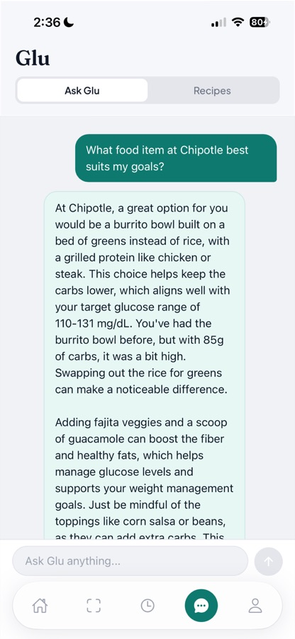 Glu, the MyGluco assistant, suggesting a lower-carb order at Chipotle