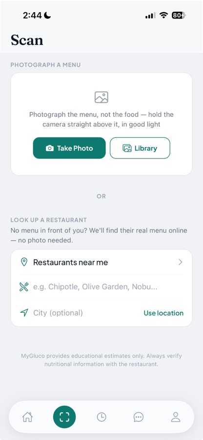 MyGluco scan screen with options to photograph a menu or look up a restaurant